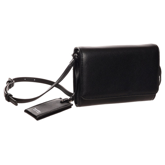 Product Image – The SevenDays Verdant RFID Flapover Crossbody is a black leather bag with an adjustable strap and matching tag.