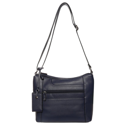 The SevenDays Redwood RFID Large Crossbody is a navy leather bag with organized storage and an adjustable strap.
