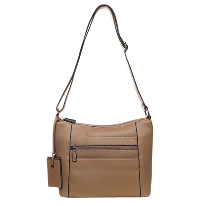 SevenDays Redwood RFID Large Crossbody in taupe with organized storage and adjustable strap.