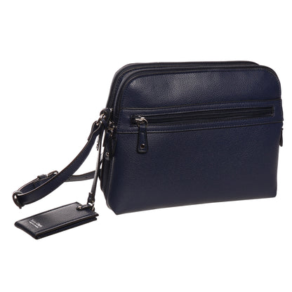 SevenDays Serenity RFID Crossbody in navy blue with zip compartments, name tag, and adjustable strap.