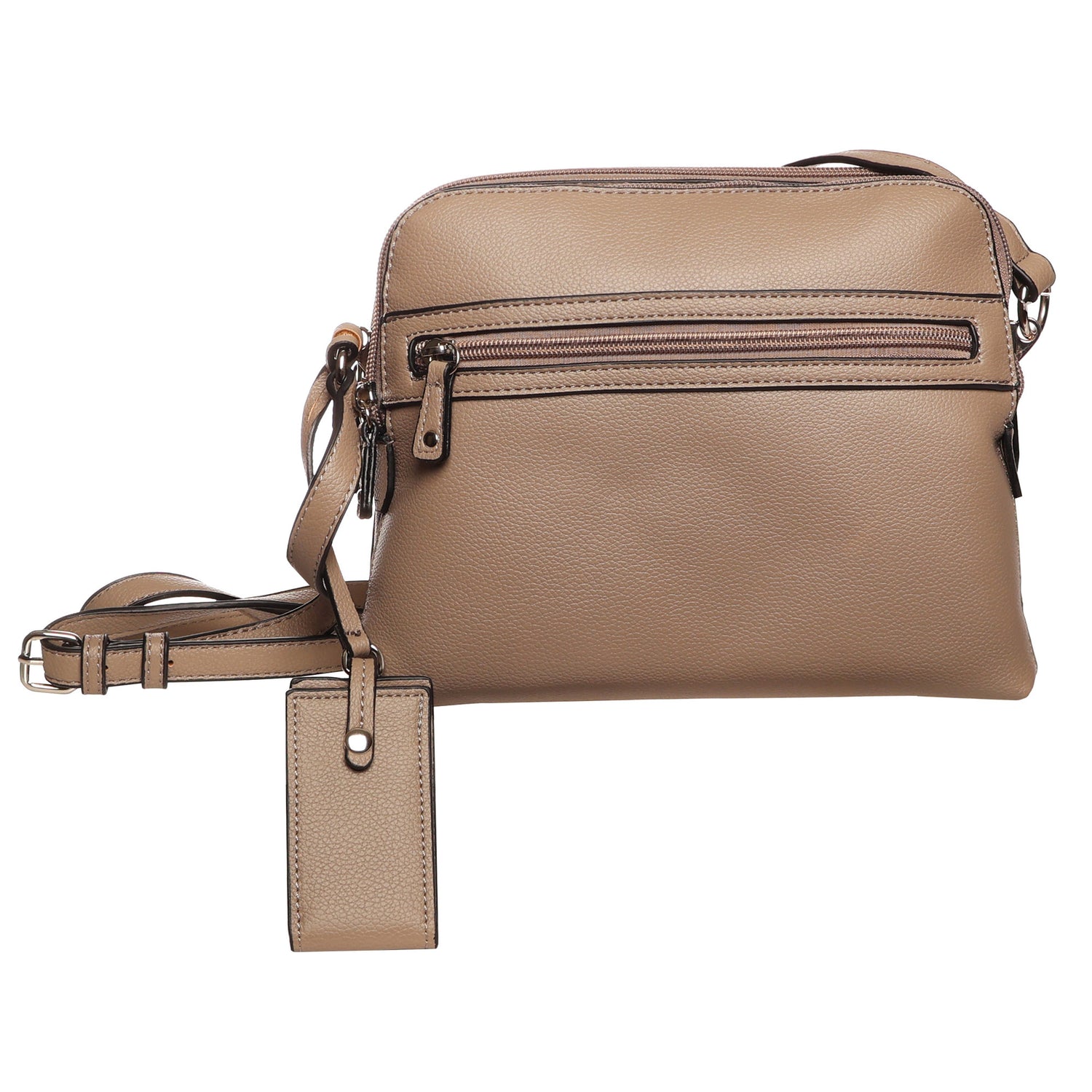 SevenDays Serenity RFID Crossbody: taupe bag with front zipper, organized storage, and adjustable strap.