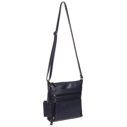 SevenDays Aspen RFID Front Zip Crossbody in navy blue with adjustable strap, shown on a white background.