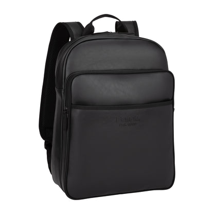 Bench Jayce Men's Backpack by Bench: black faux leather, RFID protection, front zipper pocket, padded straps.