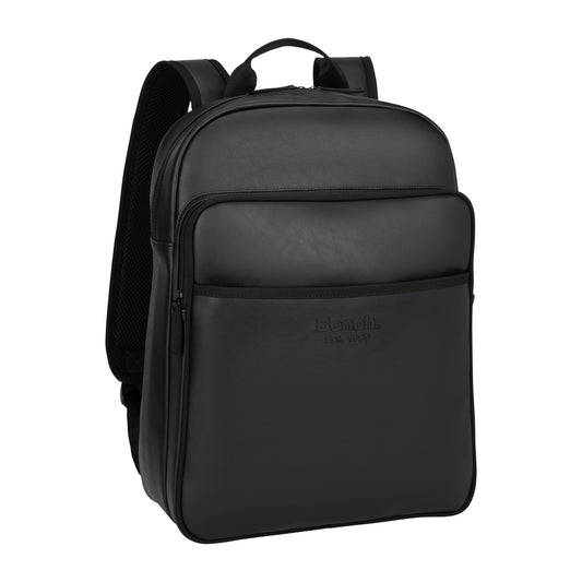 Product Image – Bench Jayce Men's Backpack by Bench: black faux leather, RFID protection, front zipper pocket, padded straps.