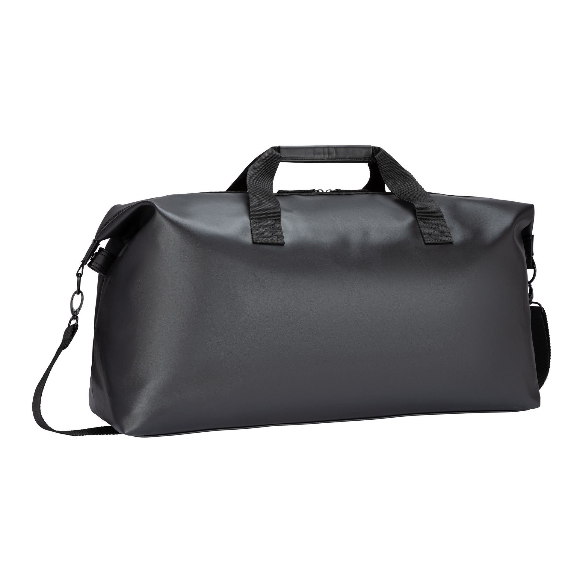The Bench Jayce East West Weekender is a black bag with short handles and detachable strap—ideal for travel.