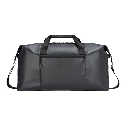 The Bench Jayce East West Weekender is a black bag with two handles, a shoulder strap, and a front pocket.