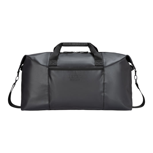 Product Image – The Bench Jayce East West Weekender is a black bag with two handles, a shoulder strap, and a front pocket.