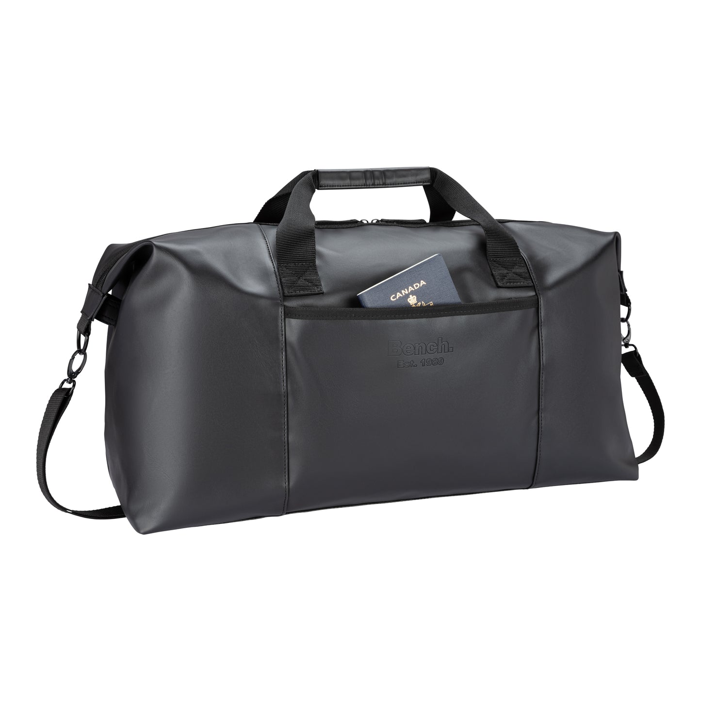 The Bench Jayce East West Weekender is a black bag with RFID, passport pocket, and detachable strap.