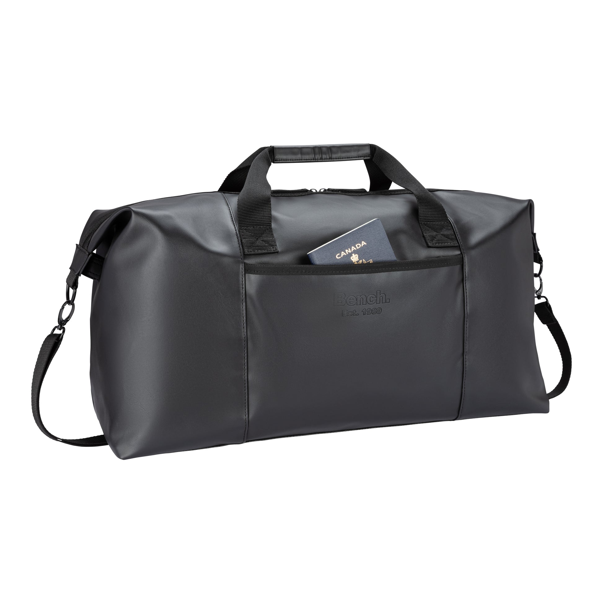The Bench Jayce East West Weekender is a black bag with RFID, passport pocket, and detachable strap.