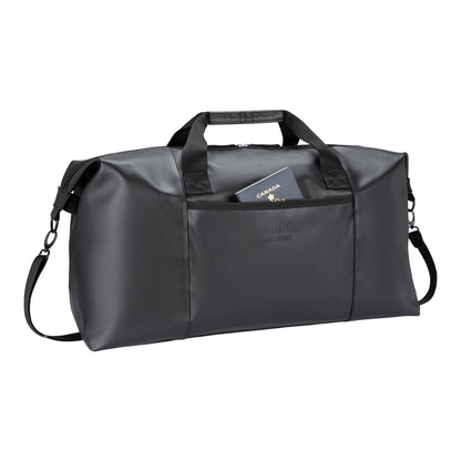 The Bench Jayce East West Weekender is a black bag with RFID, passport pocket, and detachable strap.