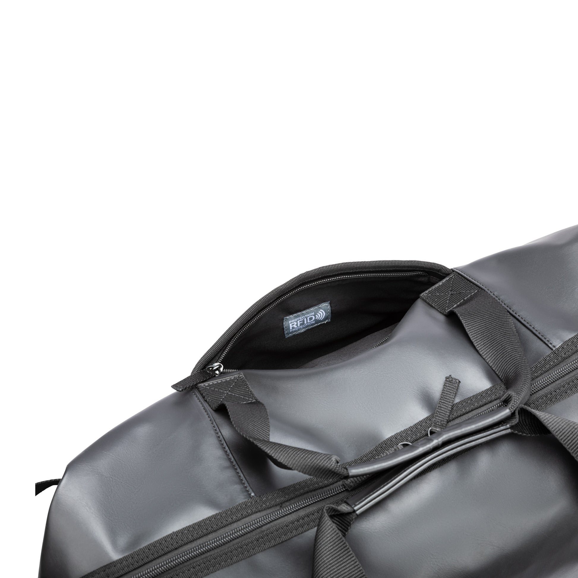 Bench Jayce East West Weekender shows interior RFID protection and strong black handles through open zipper.