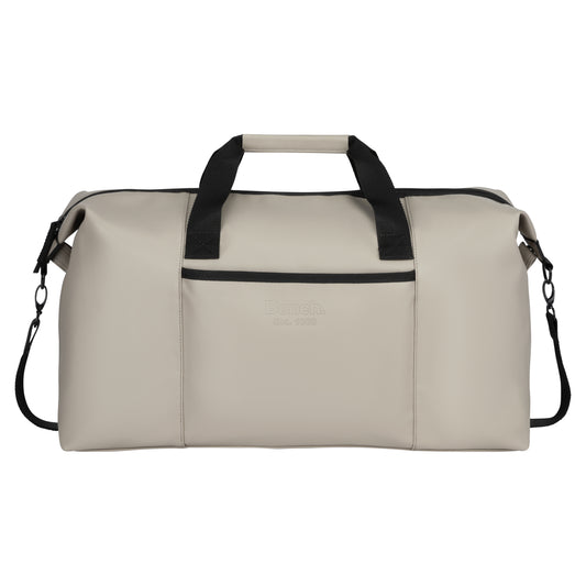 Product Image – Bench Jayce East West Weekender: taupe bag with black handles, front pocket, RFID protection, adjustable strap.