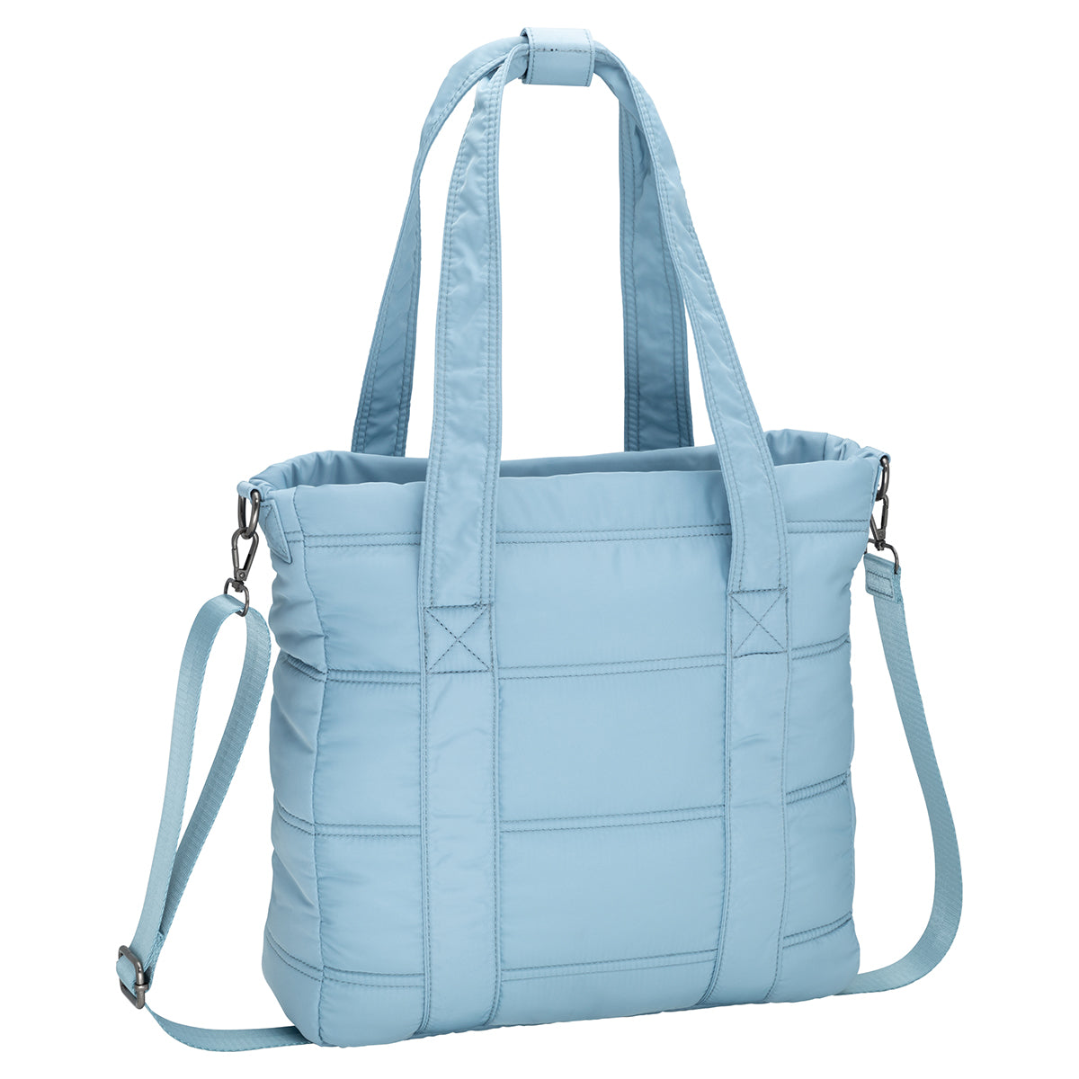 The Bench Georgia Satchel is a light blue quilted bag with double handles and a detachable strap—ideal for daily use.