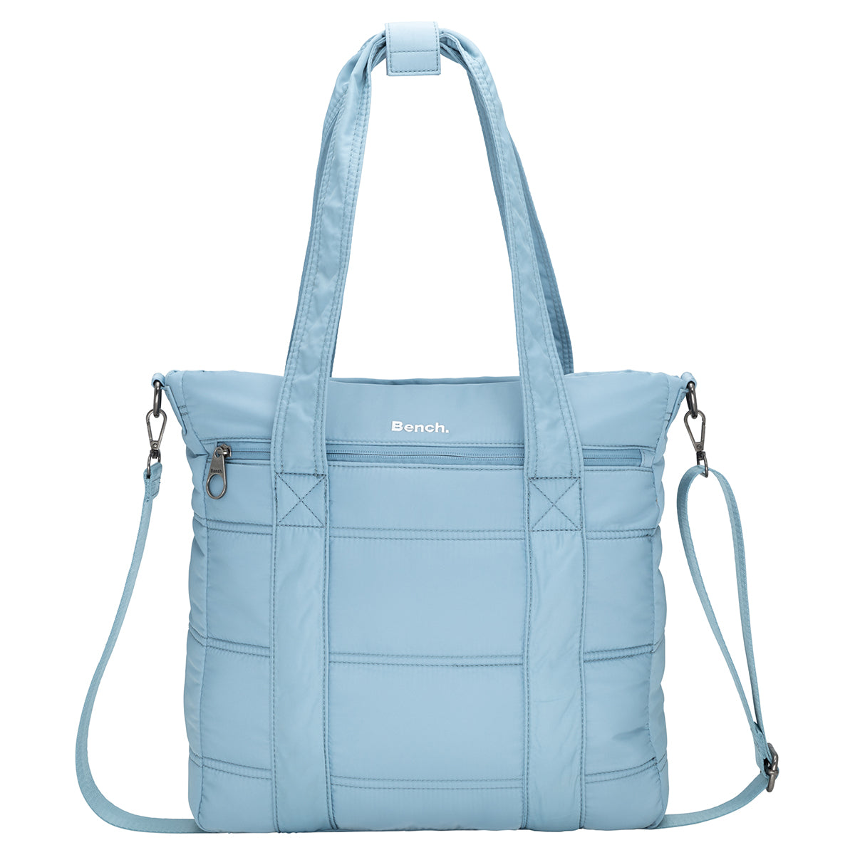 Bench Georgia Satchel: light blue quilted bag with top handles, zip front pocket, and adjustable strap.