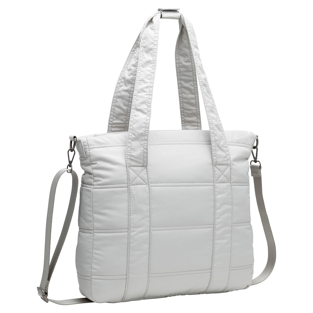 Bench Georgia Satchel: A white quilted handbag with dual handles and detachable strap—perfect for everyday use.
