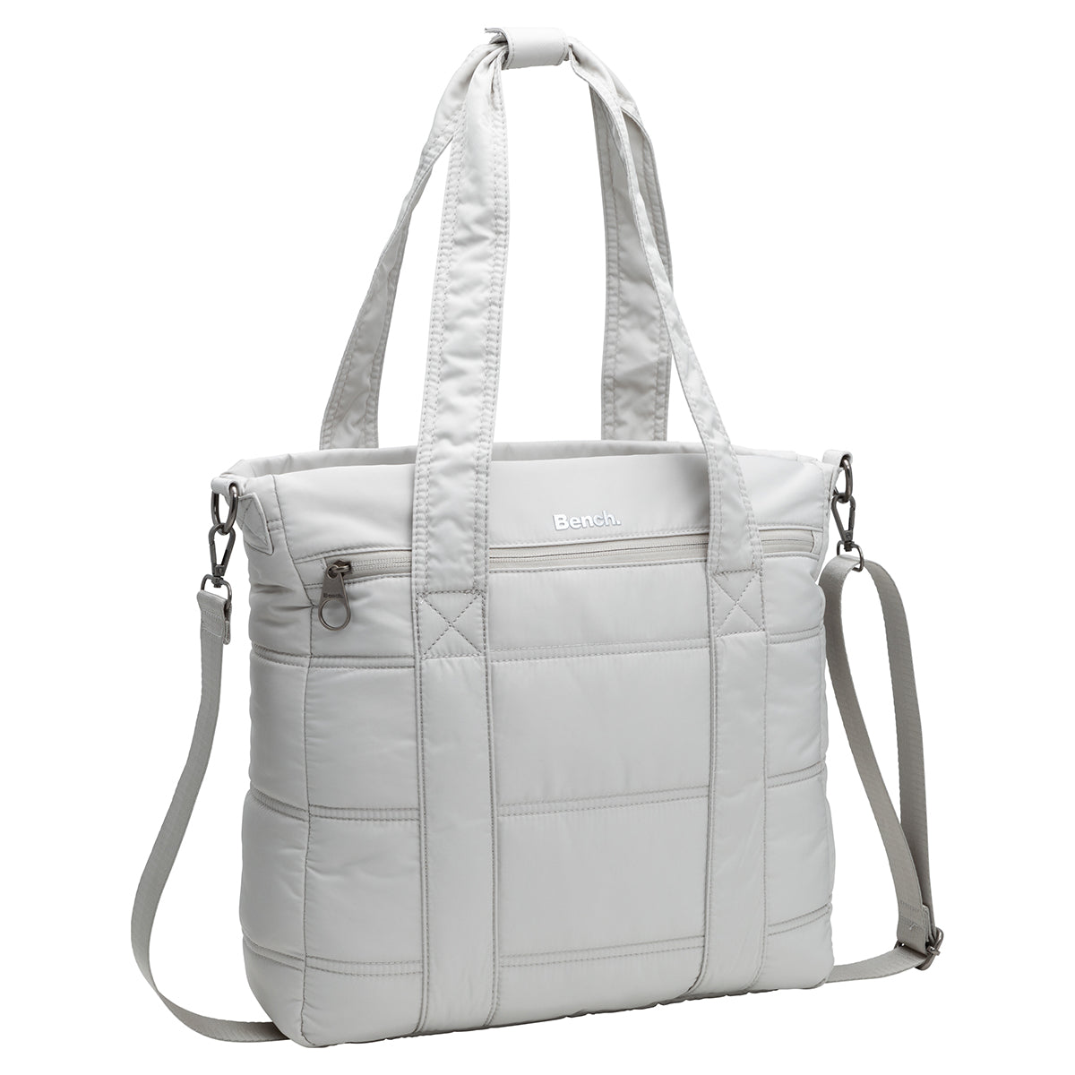 Bench Georgia Satchel quilted handbag in light grey with dual handles, detachable strap, and a front zip pocket.