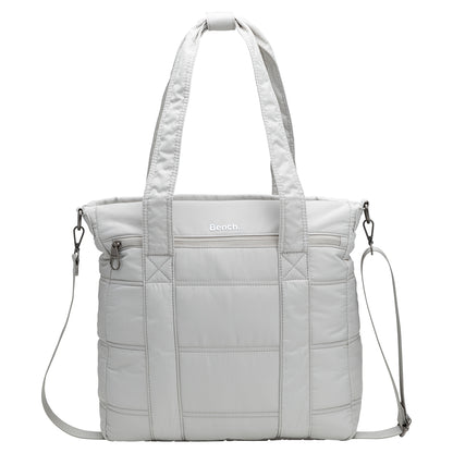Bench Georgia Satchel in light gray, quilted with two handles, zipper pocket, and adjustable shoulder strap.