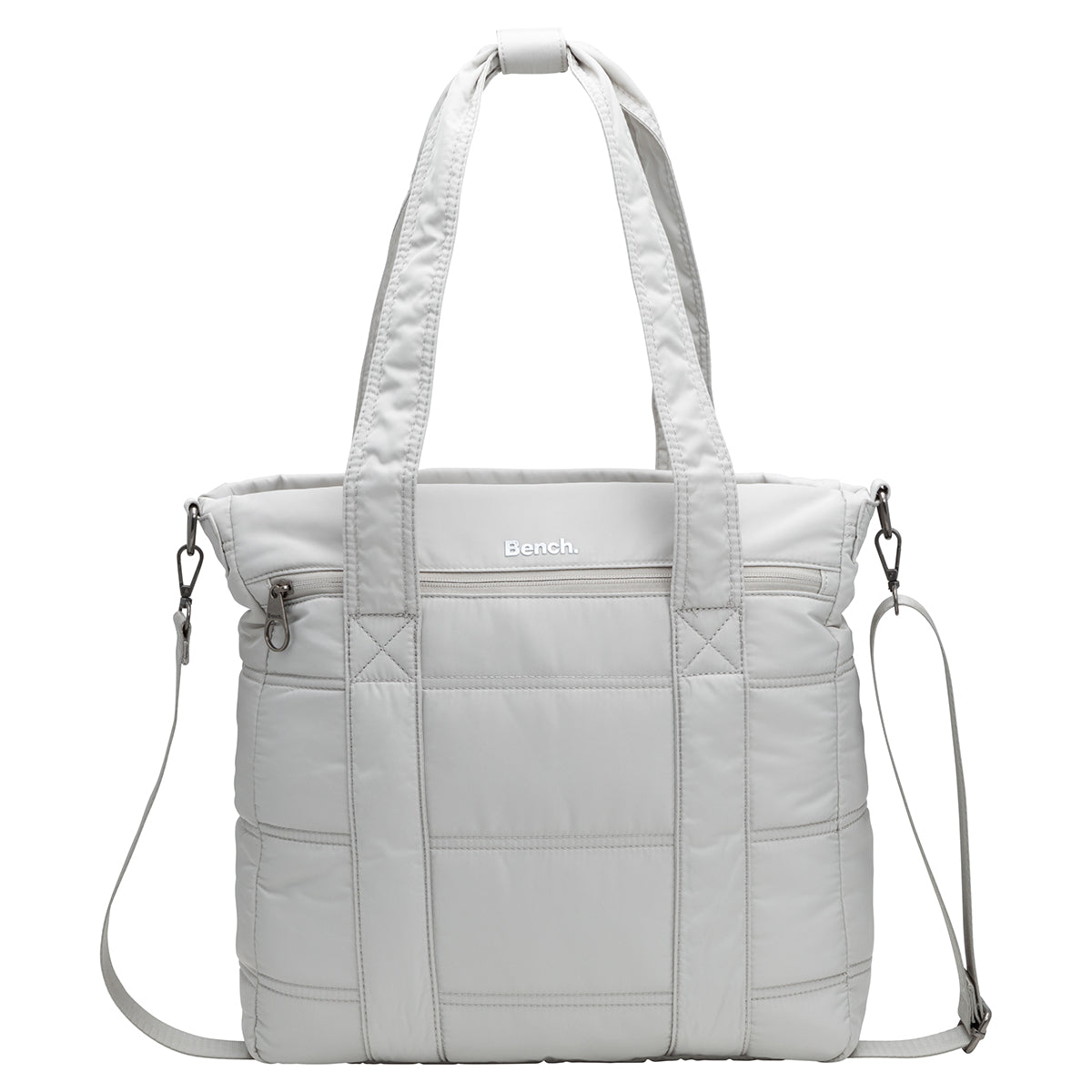 Bench Georgia Satchel in light gray, quilted with two handles, zipper pocket, and adjustable shoulder strap.
