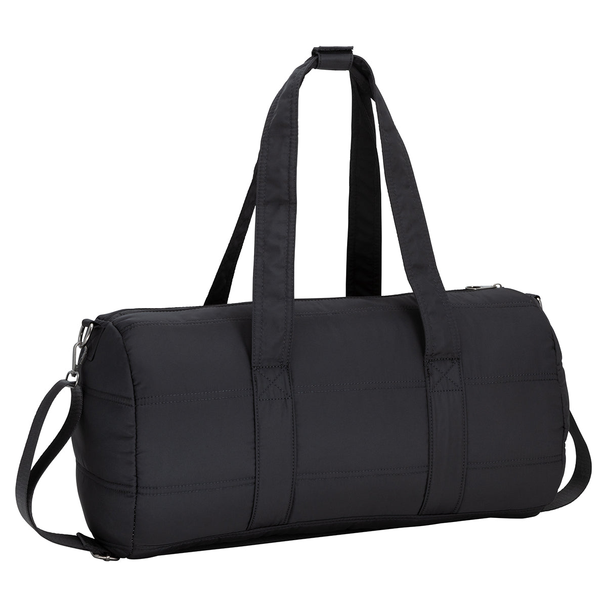 Bench Georgia Weekender: Black quilted gym bag with double handles and adjustable shoulder strap by Bench.