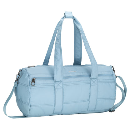 Bench Georgia Weekender by Bench: light blue bag with double handles, shoulder strap, and zippered front pocket.