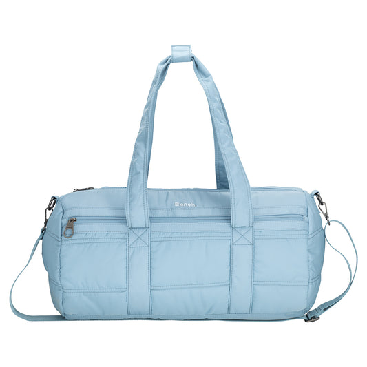 Product Image – Bench Georgia Weekender by Bench: light blue quilted gym bag with handles, shoulder strap, and front zip pocket.