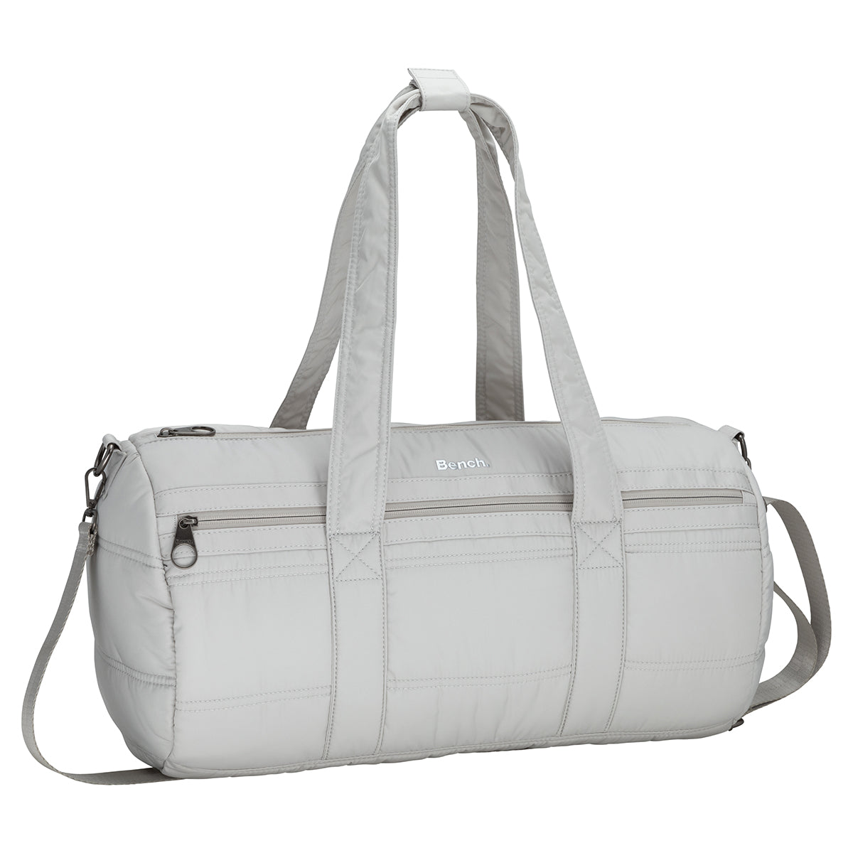 Bench Georgia Weekender by Bench in light gray with top handles, shoulder strap, and front zip pocket.