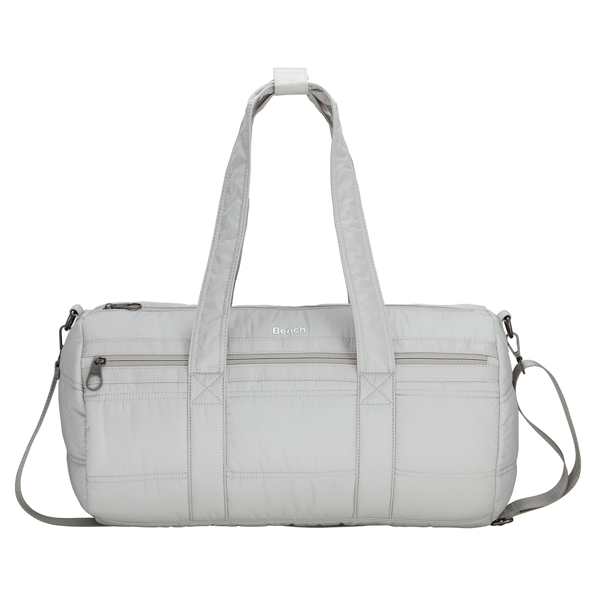 Bench Georgia Weekender gym bag in light gray with twin handles, shoulder strap, and front zip pocket.