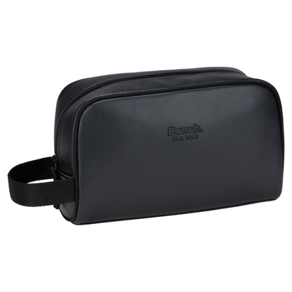 The Bench Jayce Toiletry Bag is black faux leather with a side handle and "Bench. Est. 1989" on the front.