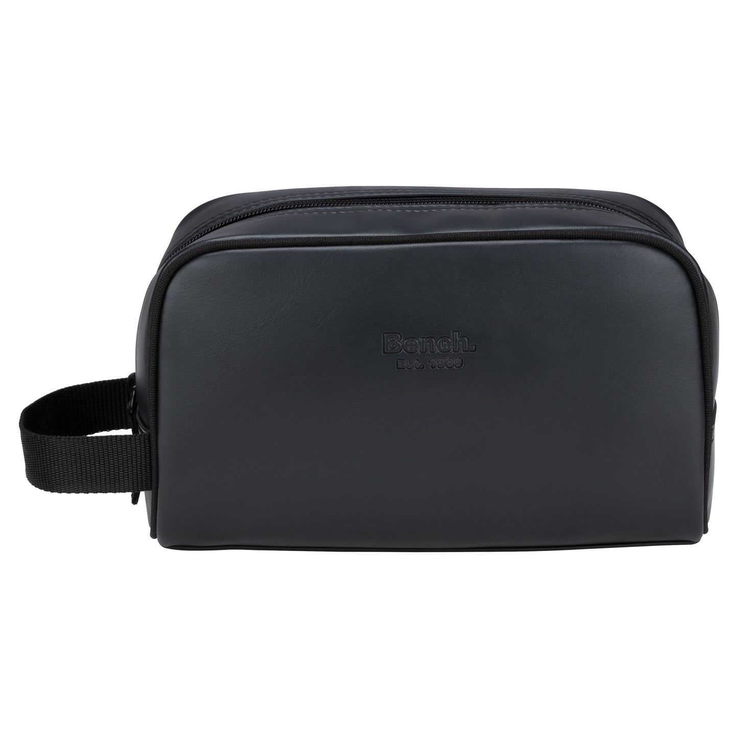 The Bench Jayce Toiletry Bag: black faux leather with zipper, side handle, and logo—ideal for travel.