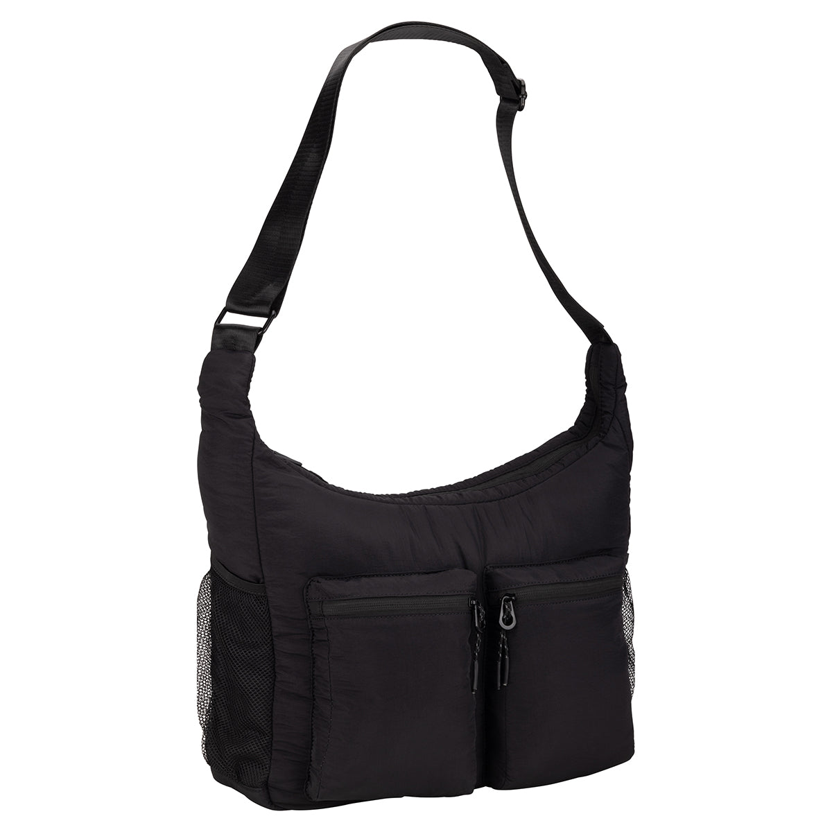 Bench Nylon Hobo Bag: black nylon, adjustable strap, 2 front zip pockets, mesh side pockets.