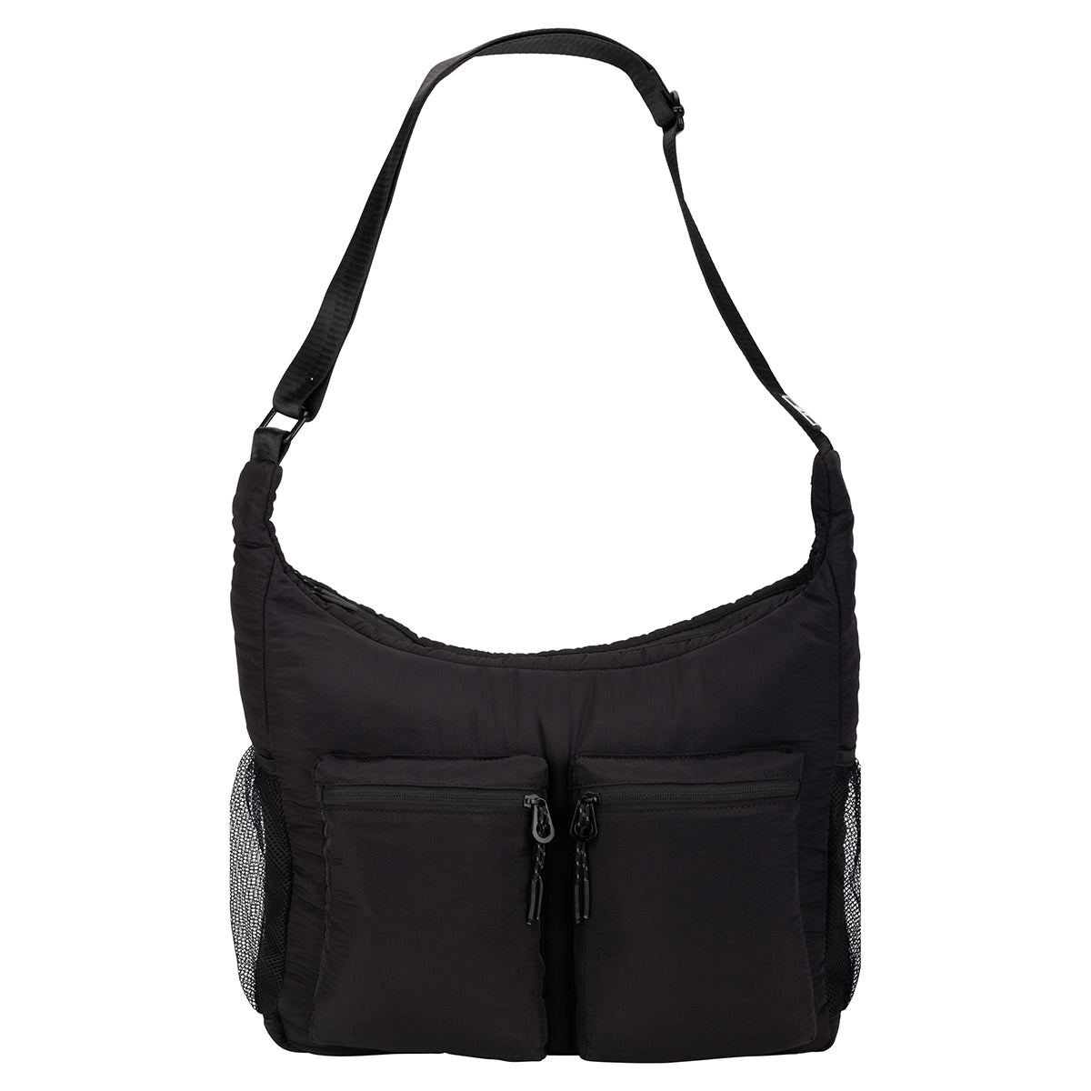 Bench Nylon Hobo Bag: black, mesh sides, two front zip pockets, and adjustable shoulder strap.