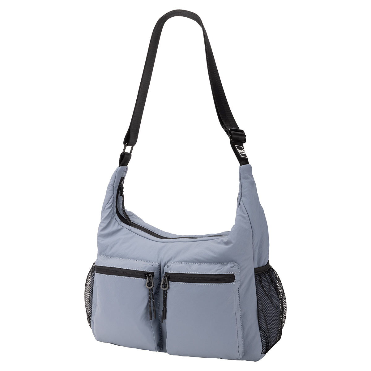 Bench Nylon Hobo Bag in blue with black adjustable strap and mesh side pockets.