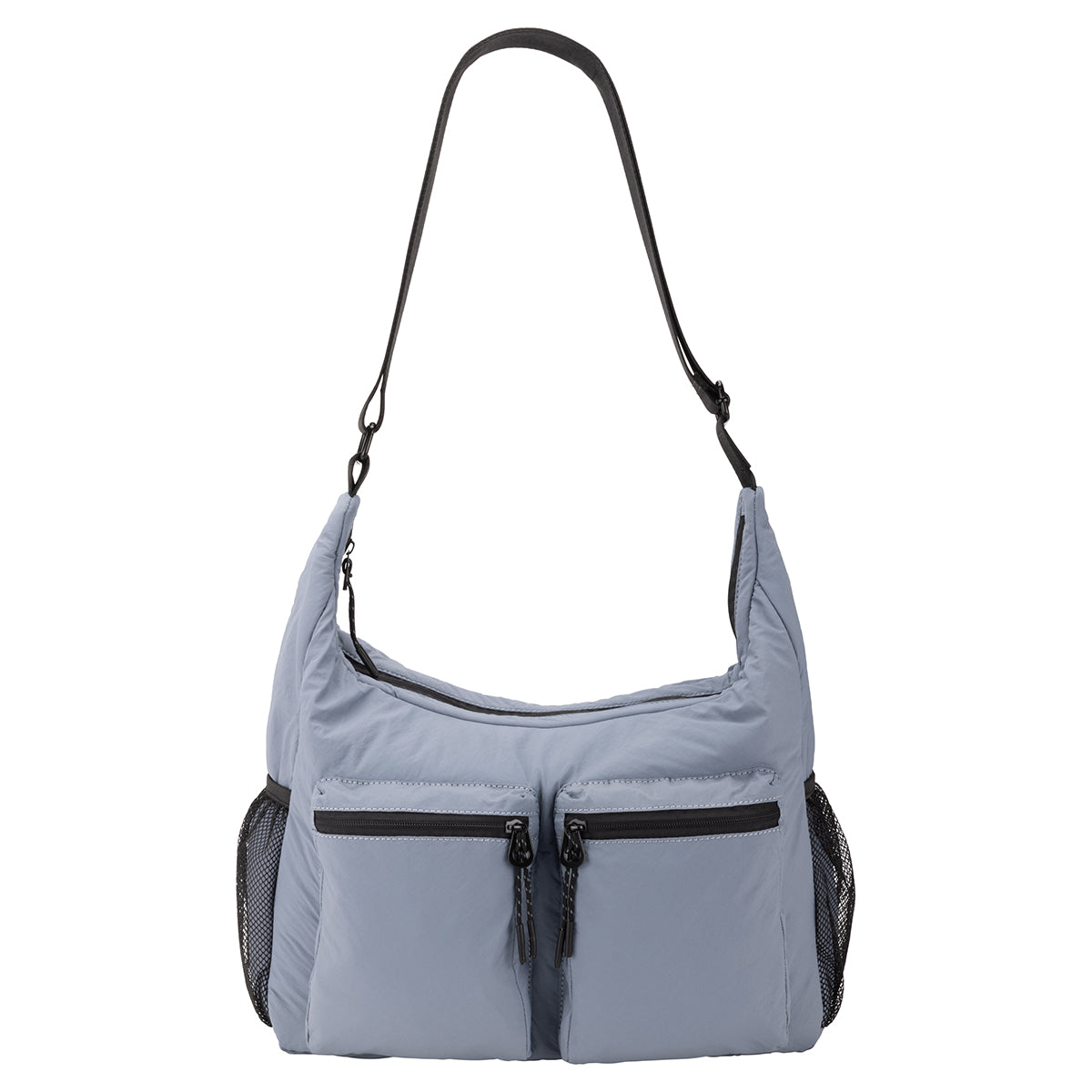 Bench Nylon Hobo Bag in blue with two zip pockets, mesh sides, and adjustable shoulder strap.