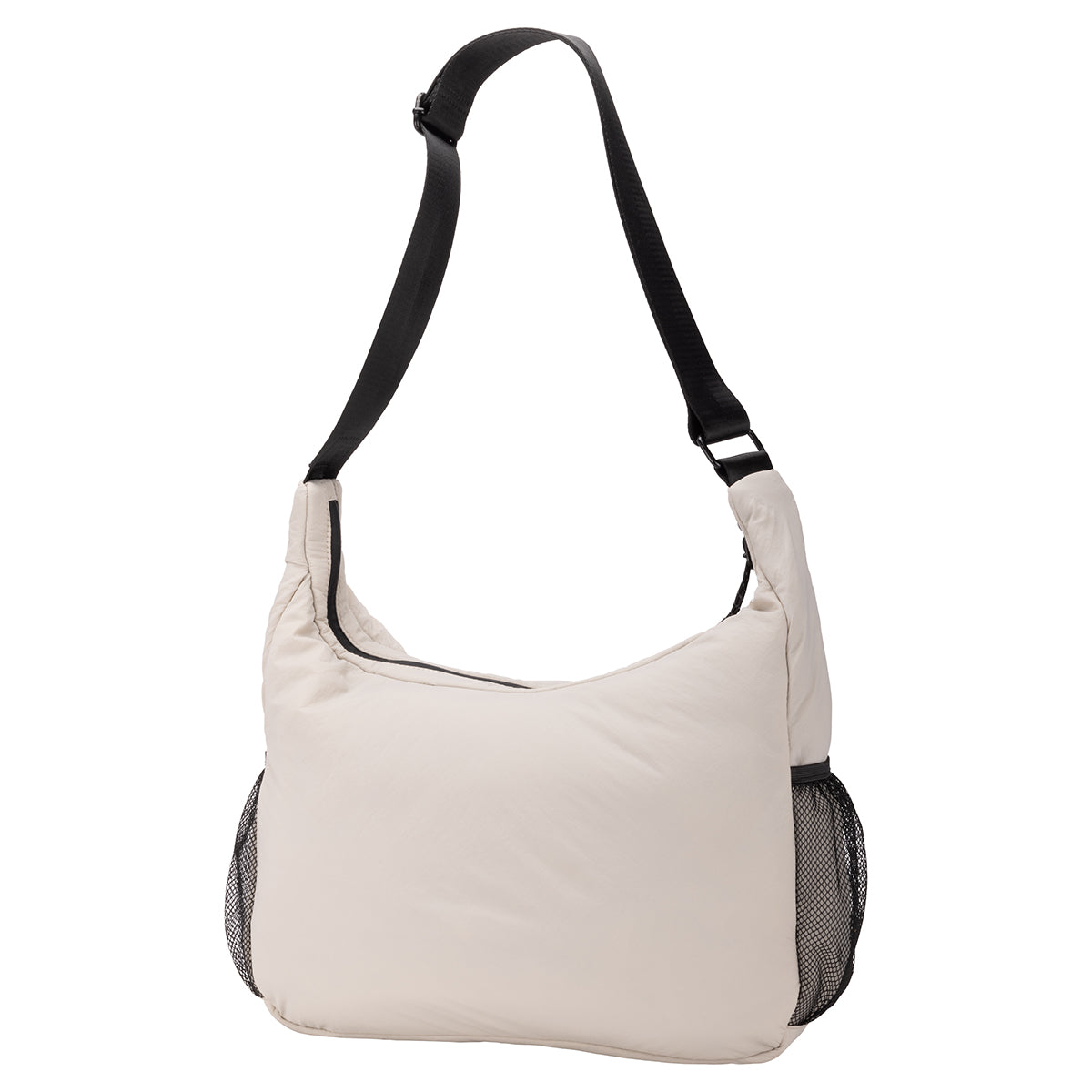 Bench Nylon Hobo Bag in beige with adjustable strap and mesh pockets—ideal for daily use.