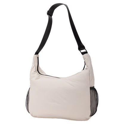 Bench Nylon Hobo Bag in beige with adjustable strap and mesh pockets—ideal for daily use.