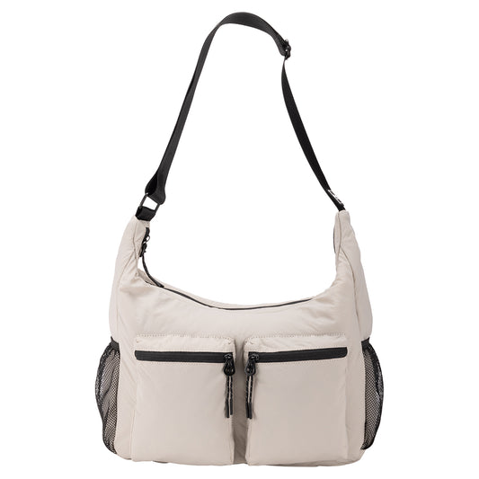 Product Image – Bench Nylon Hobo Bag in light beige with two front zip pockets, mesh sides, and adjustable shoulder strap.