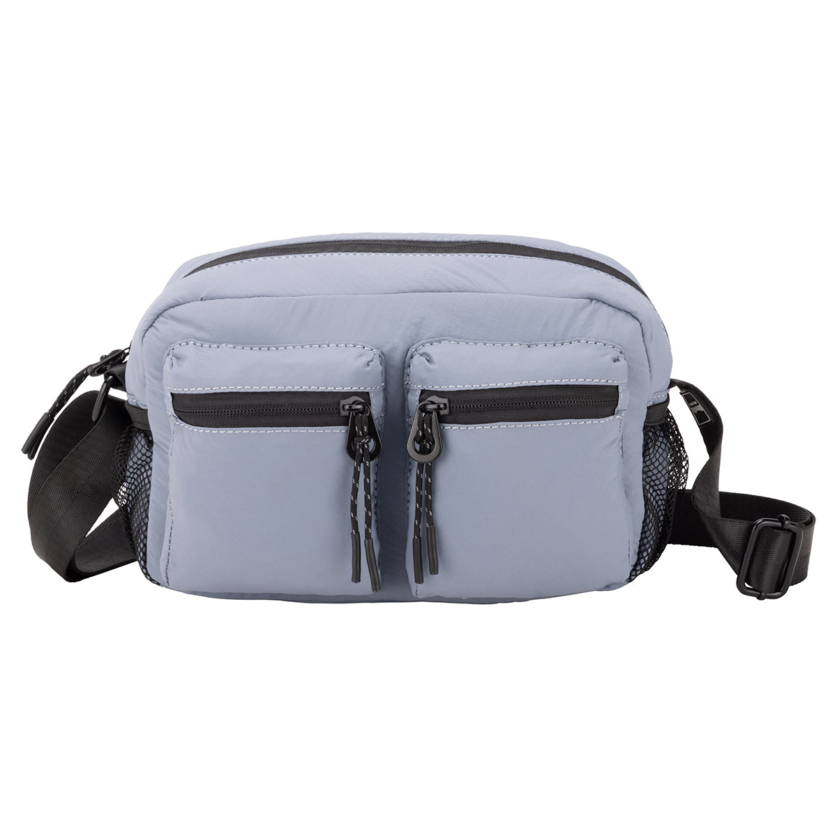 Bench Nylon Crossbody by Bench in light blue, features two zip pockets, mesh sides, and a black adjustable strap.