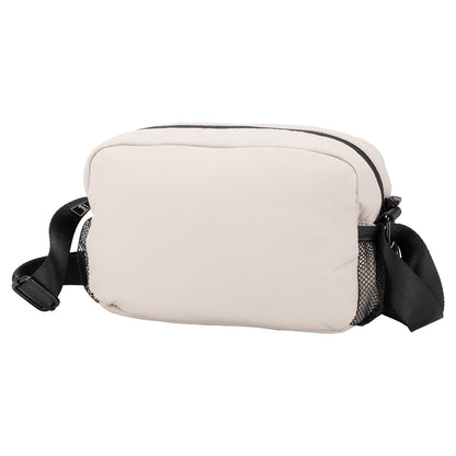 Bench Nylon Crossbody by Bench: Light beige, black strap, zip closure—ideal for everyday use.