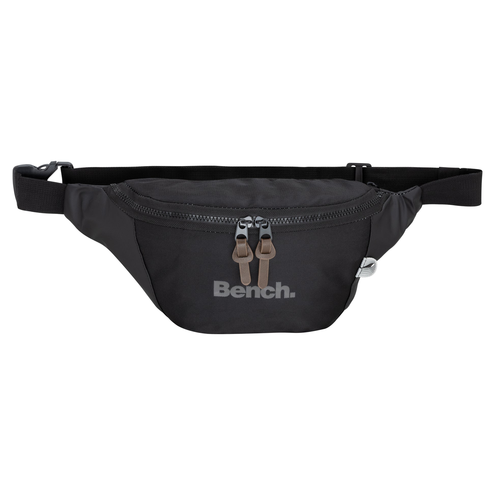 Bench Terra Fanny Pack by Bench in black with two zipper pulls and adjustable strap on a white background.