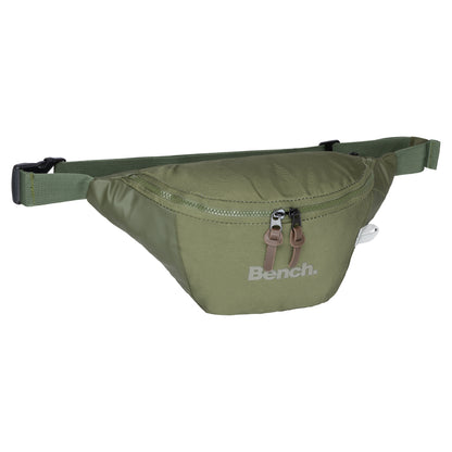 Bench Terra Fanny Pack in khaki green by Bench with front zipper and adjustable strap, shown on a white background.