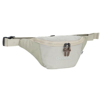 Bench Terra Fanny Pack by Bench, ecru beige with two zippers and adjustable strap, shown on white background.