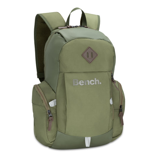 Product Image – Bench Terra Backpack by Bench in khaki green with side pockets, front zipper, and padded shoulder straps.