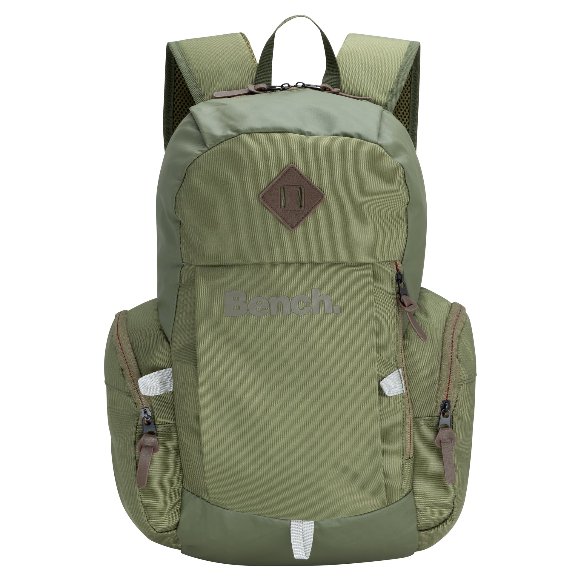 Bench Terra Backpack by Bench in khaki green with front zip pocket, side pockets, and adjustable straps.