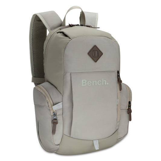 Product Image – Ecru Bench Terra Backpack by Bench with padded straps, multiple pockets, and a front "Bench." logo.
