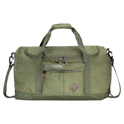 Bench Terra Sports Bag in khaki green with shoulder strap, top handles, front zip pocket, and Bench logo.