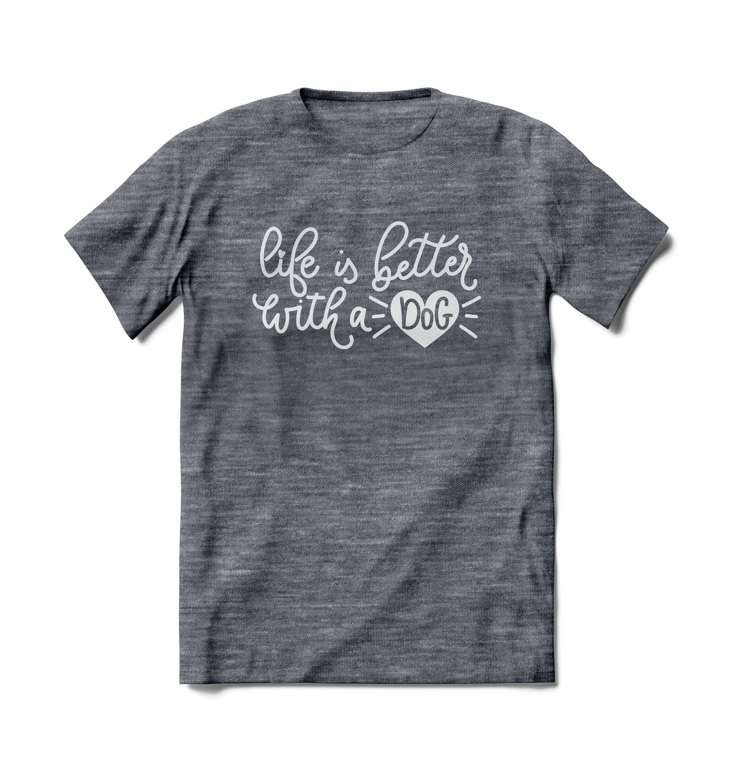 Brief Insanity grey T-shirt features "Life is Better With a Dog" and heart graphic.