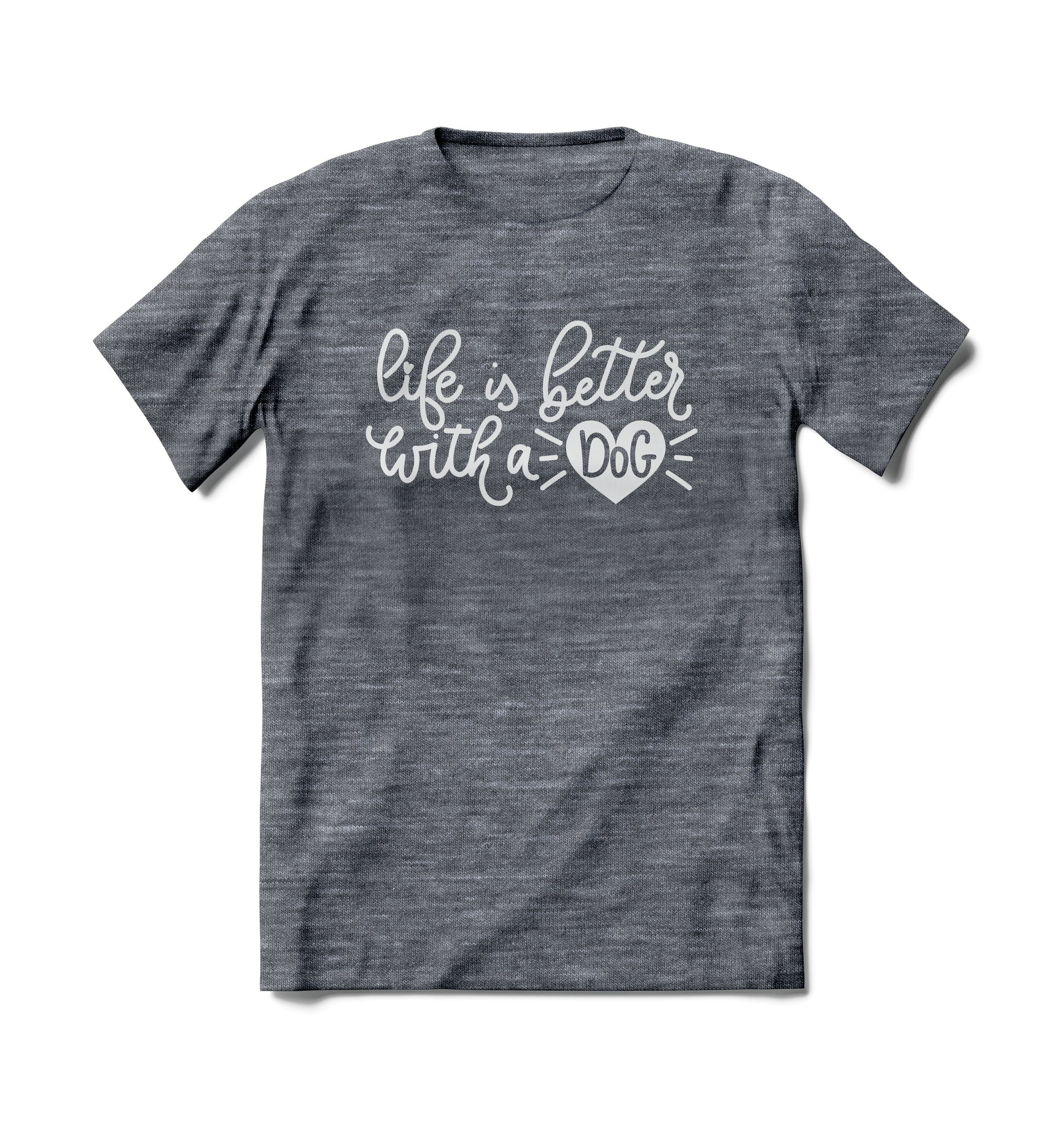 Brief Insanity grey T-shirt features "Life is Better With a Dog" and heart graphic.
