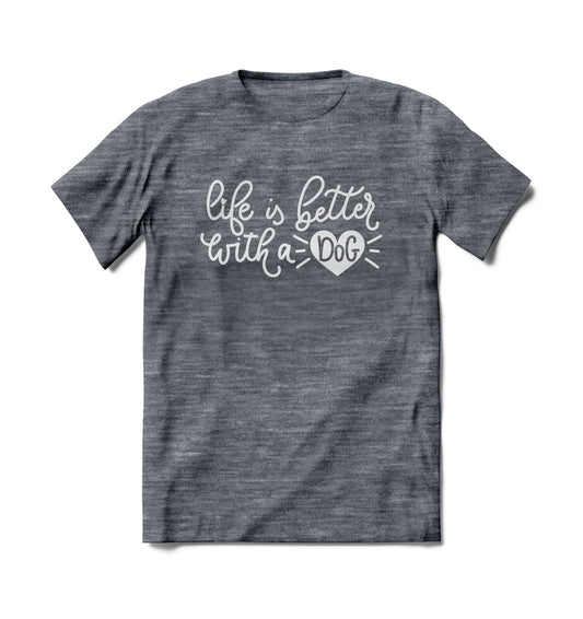 Product Image – Brief Insanity grey T-shirt features "Life is Better With a Dog" and heart graphic.