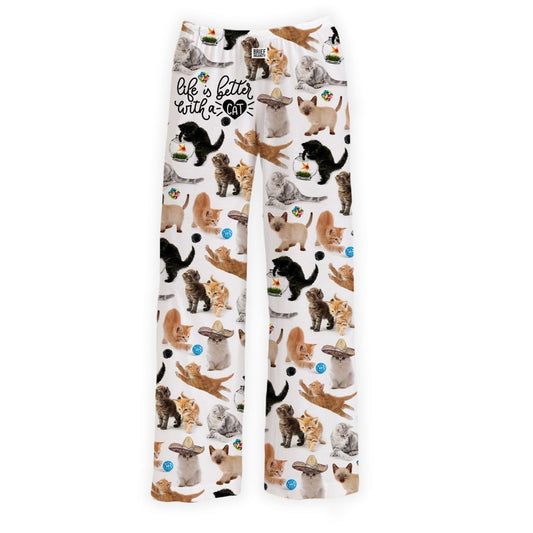 Product Image – Brief Insanity Lounge Pants: "Life is Better With a Cat"—soft, breathable gift for cat lovers. 