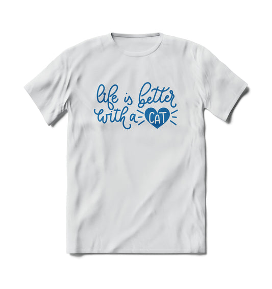 Product Image – Brief Insanity T-Shirt—Life is Better With a Cat, soft white tee for cat lovers.